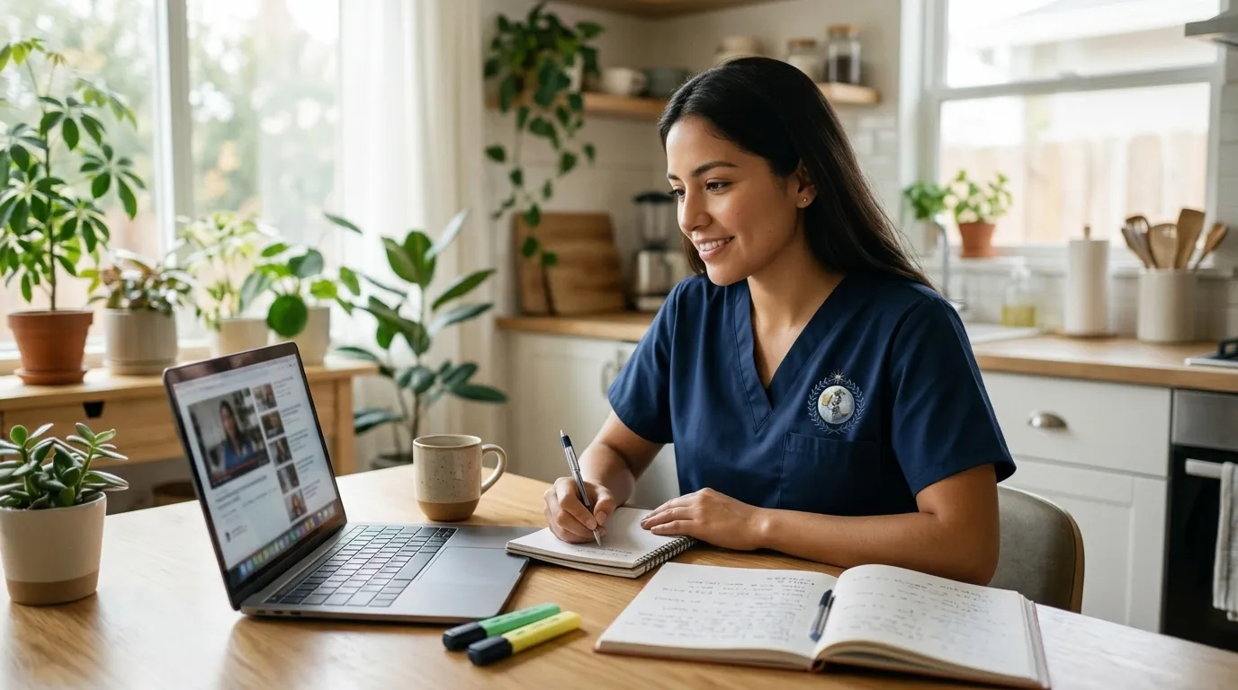 Profesional de la salud estudiando en línea desde su casa