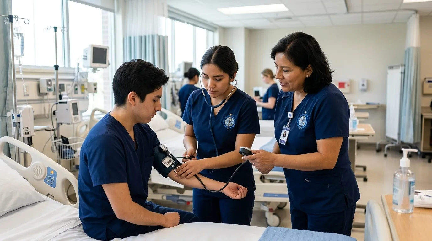 Estudiantes de asistente de enfermería practicando un procedimiento en sala de simulación