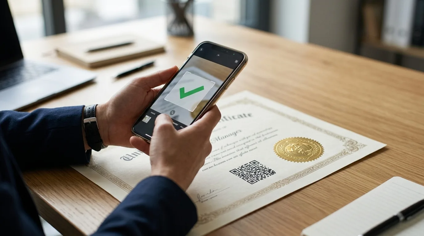 Persona escaneando con su teléfono el código QR de un certificado
